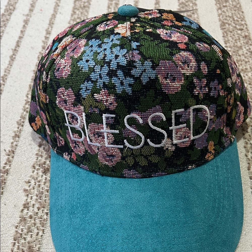 Blessed Floral Baseball Cap with teal color suede brim - Picture 4 of 6